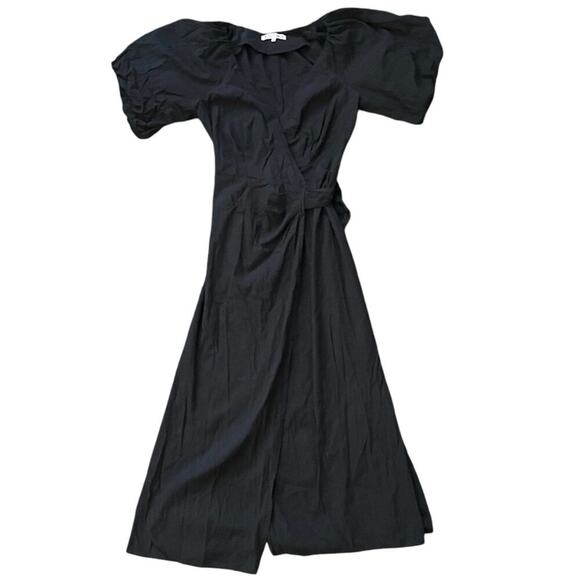 Reformation Black Puff Sleeve V-Neck Wrap Midi Dress - Picture 1 of 6